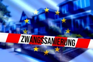 Absperrung eines Wohngebäudes mit der Aufschrift Zwangssanierung