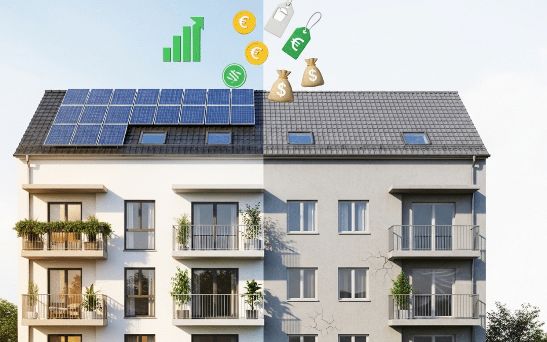 Vergleich eines sanierten und eines unsanierten Mehrfamilienhauses. Die sanierte Seite hat Solarpanels und wirkt modern, die unsanierte Seite zeigt Risse und einen verwitterten Zustand. Oben Symbole für Wertsteigerung und Ersparnis.