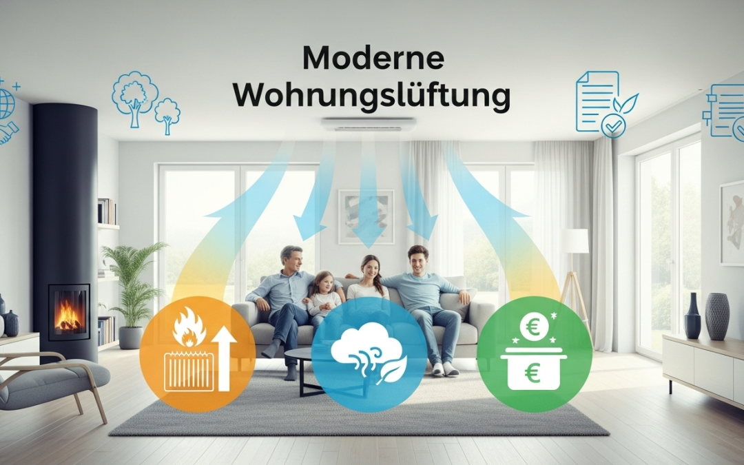 Familie sitzt entspannt im modernen Wohnzimmer mit Symbolen für Heizung, frische Luft und Kostenersparnis, illustriert das Thema moderne Wohnraumlüftung.