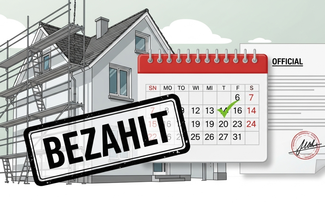 Illustration eines Hauses mit Baugerüst, einem Kalender mit markiertem Datum, offizielles Dokument und großem Stempel mit der Aufschrift 'Bezahlt'.
