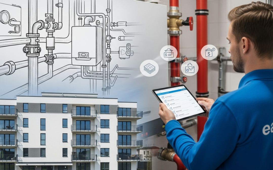 Techniker verwaltet Gebäudetechnik digital per Tablet vor Schemazeichnung und moderner Wohnimmobilie.