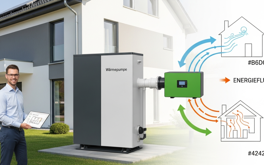 Ein Mann steht mit einem Tablet vor einem modernen Haus und einer Wärmepumpe, daneben wird der Energiekreislauf der Wärmepumpe grafisch dargestellt.