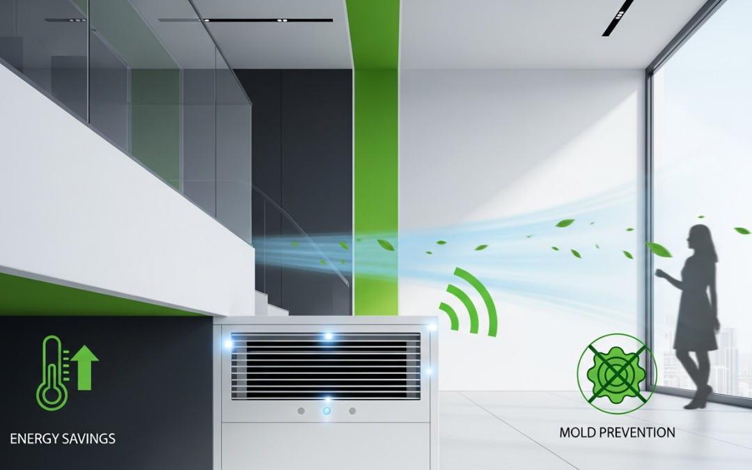 Moderne Klimaanlage in einem Bürogebäude mit Symbolen für Energieeinsparung und Schimmelprävention sowie einer stilisierten Frau im Hintergrund.