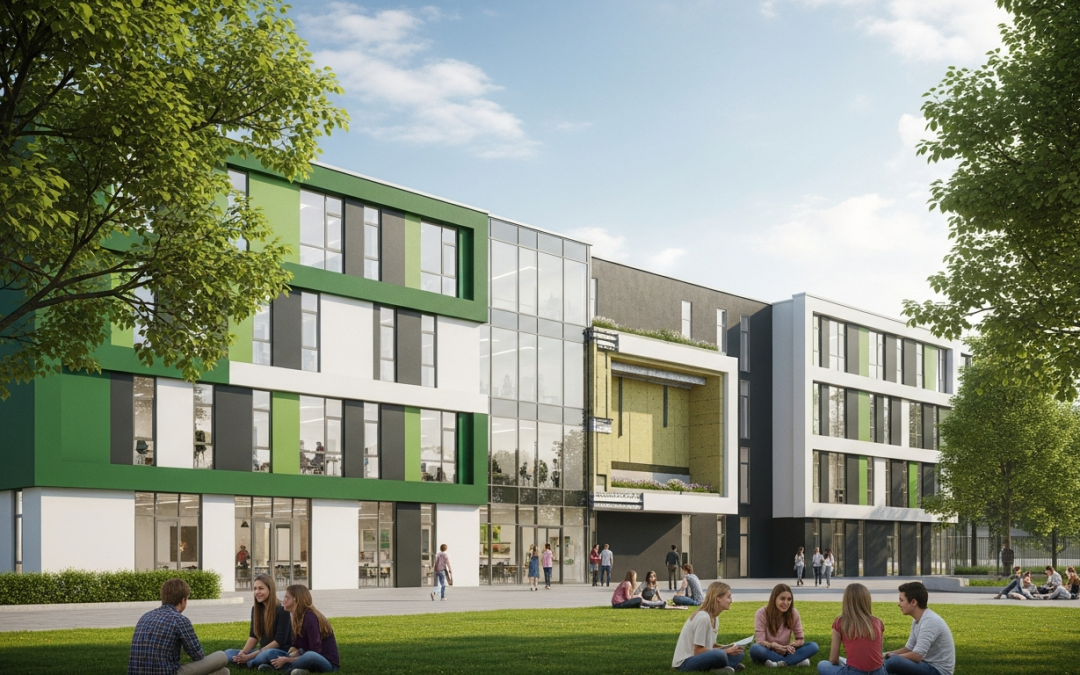 Modernes Schulgebäude mit grünen und weißen Fassadenelementen, große Fensterfronten und Schülergruppen, die auf einer Rasenfläche davor sitzen.