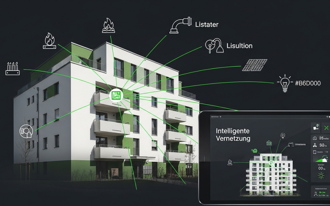 Modernes Mehrfamilienhaus mit digitaler Vernetzung, dargestellt durch grüne Linien und smarte Symbole wie Heizung, Solarenergie und Wasser auf dunklem Hintergrund. Rechts ein Tablet mit einer Smart-Home-Anwendung.