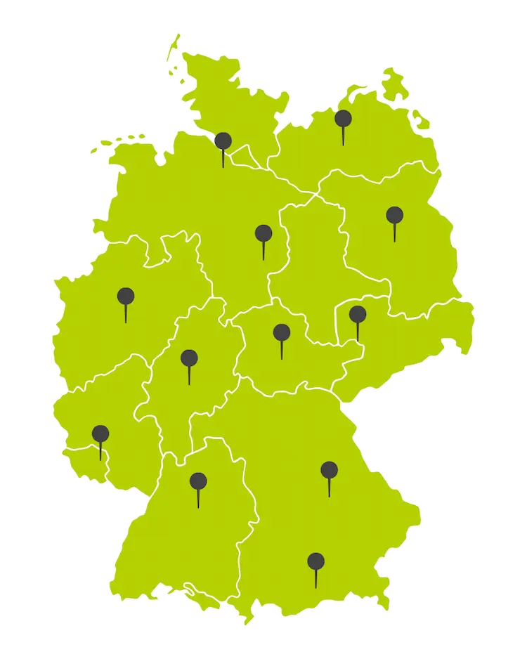 Eine gr&uuml;ne Deutschlandkarte mit den Standorten der ean50 GmbH, gekennzeichnet durch graue Pinnadeln.